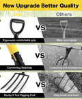 Comparison chart of Heavy Duty Four Tine Garden Spading Fork With Ergonomic No Slip D Grip Handles, 45 Inch Long Handle, showing benefits.