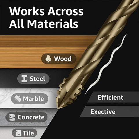 Kick Heavy Duty 4 Flute Drill Tap Combo Bits With Titanium Coated Carbide Tips And Hex Shank For Metal Wood Plastic Concrete That Cuts Fast And Gives Clean Threads On Every Project, shown for wood, steel, marble, concrete and tile