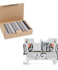 Top Shelf 100 Piece Push In Terminal Blocks For Smooth Screwless Wiring Featuring Heavy Duty PA66 Housing and Rock Solid Copper Contacts Rated For Two Point Five Millimeter Gauges, displayed in package.