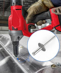 Using Aluminum Blind Rivets Silver Pop Rivet Kit 50 Pieces M5x13mm for DIY Projects on metal surface with red tool.