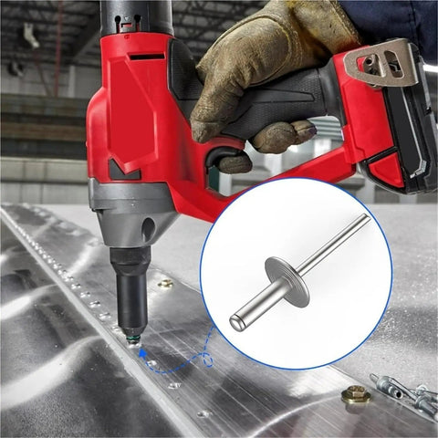 Using Aluminum Blind Rivets Silver Pop Rivet Kit 50 Pieces M5x13mm for DIY Projects on metal surface with red tool.