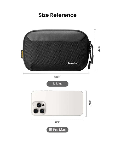 Slick Travel Cable Organizer Pouch With Double Compartments For Portable Charging Cords And Tech Accessories Waterproof Carry Case, size reference with iPhone 15 Pro Max.