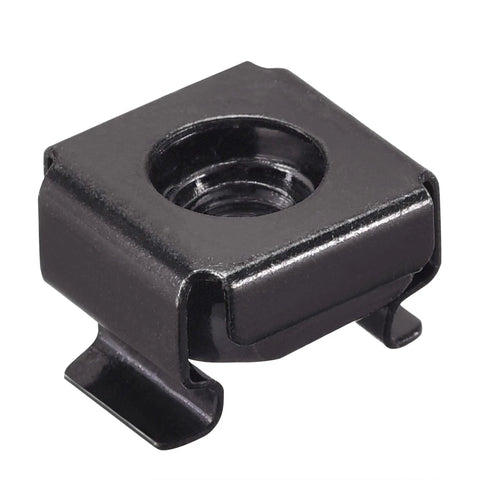 M5 X 0.8mm Snap In Cage Nuts Black Zinc Crash Lock Carbon Steel Rack Mount Hardware Metric view of a black cage nut for server cabinet assembly.