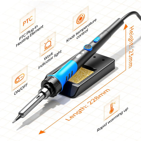 60W Ceramic Heater Soldering Iron Kit with adjustable temperature, showing length and height dimensions, on a stand