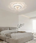 Ceiling Fan with Light 18.5 inch Flush Mount with Handheld Controller for in elegant bedroom setting with light gray bedding.