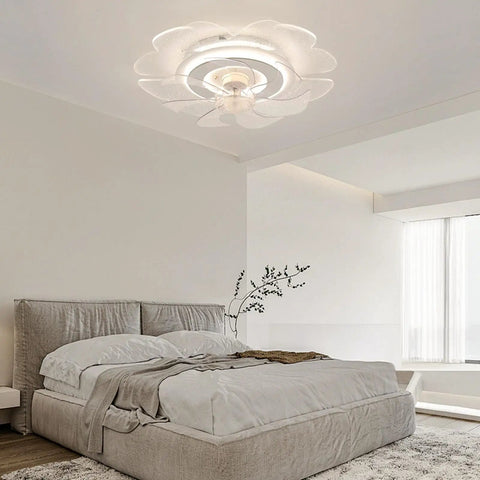 Ceiling Fan with Light 18.5 inch Flush Mount with Handheld Controller for in elegant bedroom setting with light gray bedding.