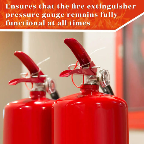 Close-up of two red extinguishers showing 6 Pack 100 PSI Pressure Gauges For Portable Water Fire Extinguishers Stainless Steel Replacement