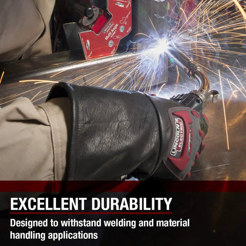 Roll Cage Welding And Rigging Gloves With Impact Protection Black Grain Leather High Heat Silicone Reinforcements And Cut Resistant Grippy Grip For Welders X Large in use during welding, showing sparks and durability.