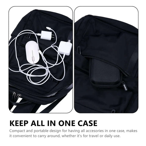 Hard Shell Tech Travel Case With All In One Cable Organizer And Mesh Pockets To Keep Your Adapters Power Banks External Drives And Memory Cards Locked Down And Ready For Any Daily Hustle Or Weekend Cruise Black, showing cables and accessories organized.