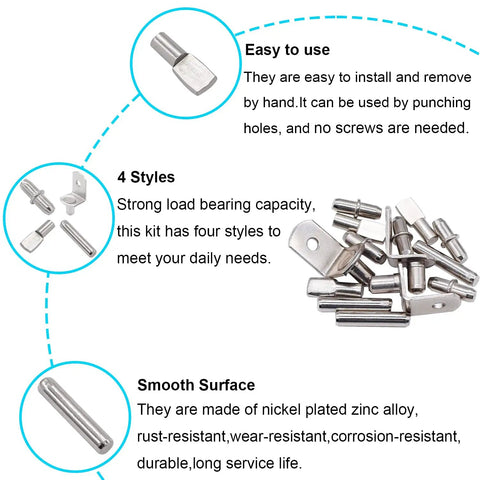 Top Shelf 100 Piece Nickel Plated Shelf Pins Kit With Four Styles For Cabinets Closets And Furniture Heavy Duty Zinc Alloy Pegs showing various peg styles.