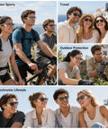Built Tough Photochromic Safety Glasses With Auto Darkening Lenses Shifting From Clear Indoor View To Dark Shades Outside, worn outdoors during sports and travel.