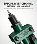 Heavy Duty Pop Rivet Gun Kit With 200 Rivets, Dual Lever Hand Riveter, 3 Interchangeable Nosepieces For 1/8, 5/32, 3/16 Blind Rivets, Labor Saving Riveting Tool For Metalworking And Automotive Projects. Close-up of green rivet gun nose