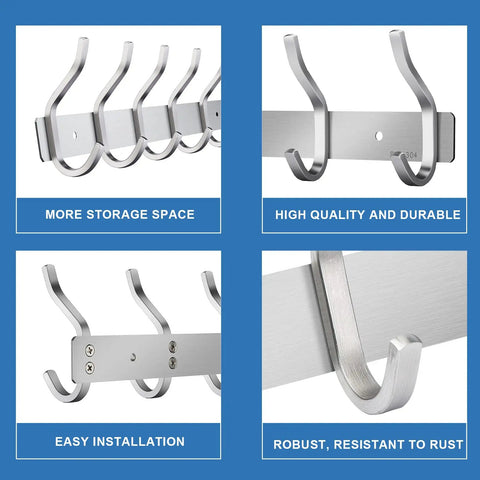 Heavy Duty Wall Hooks 23 Inch Coat Rack Wall Mount With Eight Hooks, Stainless Steel 304 Silver Hanger setup details