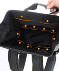 Open view of Worksite Ready Tools Backpack With Padded Back Support showing 12 inner pockets for electricians, plumbers, HVAC pros, cable techs.