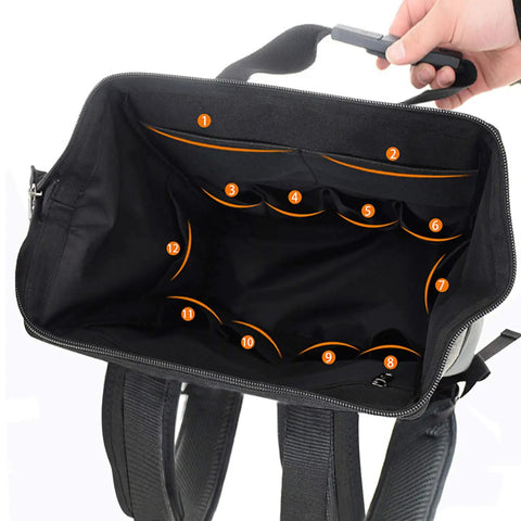 Open view of Worksite Ready Tools Backpack With Padded Back Support showing 12 inner pockets for electricians, plumbers, HVAC pros, cable techs.
