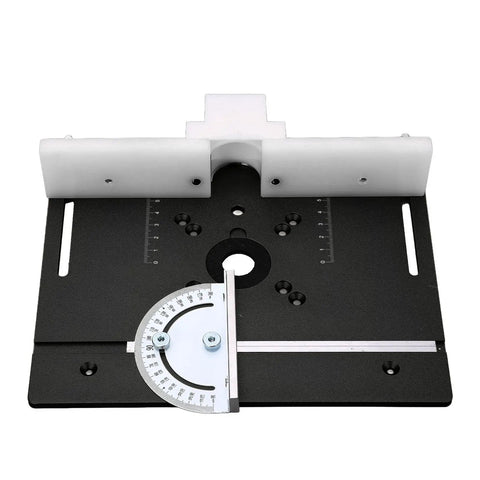Premium Aluminum Router Table Insert Base Plate For Precision Woodworking Projects With Dead Easy Mounting Hardware And Top Shelf Metal Router System Kit In Matte Black, top view with angle measurement.