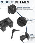 Heavy Duty Linear Guide Rail Fixed Slider With Precision Ground Hardened Steel Anti Collision Stopper Positioning Block for CNC Mill and Laser Engraver Equipment, detailed view of side clamp lever and screw mounting.