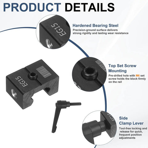 Heavy Duty Linear Guide Rail Fixed Slider With Precision Ground Hardened Steel Anti Collision Stopper Positioning Block for CNC Mill and Laser Engraver Equipment, detailed view of side clamp lever and screw mounting.