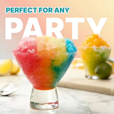 Colorful shaved ice dessert in a glass bowl showcasing the Glowing Electric Snow Cone Maker For Home Use Quick Ice Crusher.