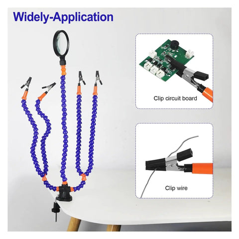 Third Hand Soldering Table Clamp With 3X Magnifier And Five To Six Arms Flexible Gooseneck Helping Hands, PCB and Wire Clips