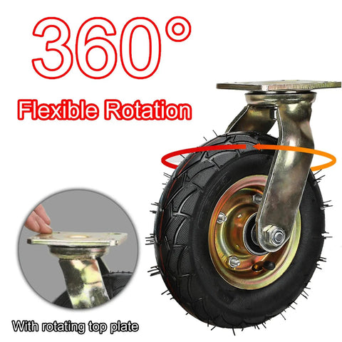 Beefy Heavy Duty Swivel Caster Wheels with Side Brakes, Double Ball Bearing Rubber Wheels shown with 360° rotation