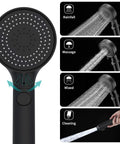 Game Changing Shower Head Kit With Pause Button 3 Setting High Pressure Handheld Shower showing spray modes and pause button.