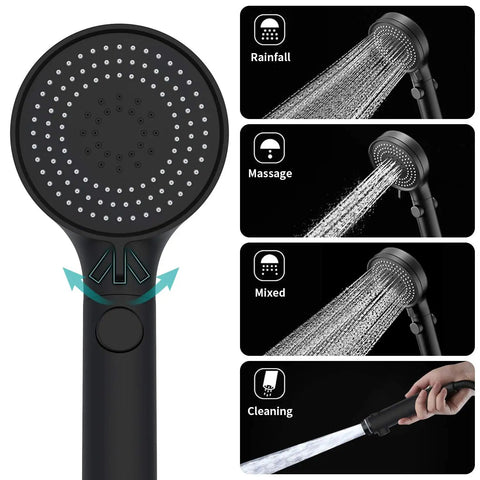 Game Changing Shower Head Kit With Pause Button 3 Setting High Pressure Handheld Shower showing spray modes and pause button.