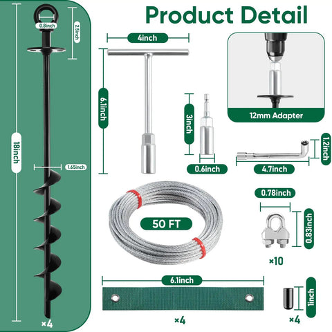18 Inch Ground Anchors Screw In Heavy Duty Shed Anchor Kit with straps, steel cable, and tools shown in product detail illustration.