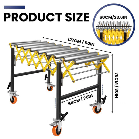 Heavy Duty 50 Inch Extendable Roller Conveyor Table With Steel Frame Loads 1000 Lbs For Warehouse, Workshop And Fulfillment Center Use showing product dimensions.