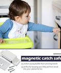 Toddler near a cabinet with 24 Pack Heavy Duty Cabinet Magnets With 15lb Holding Power Magnetic Door Catch Kit Includes 48 Screws.