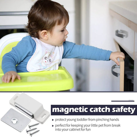 Toddler near a cabinet with 24 Pack Heavy Duty Cabinet Magnets With 15lb Holding Power Magnetic Door Catch Kit Includes 48 Screws.