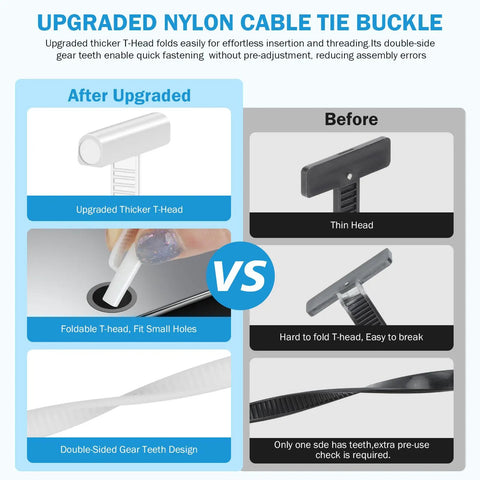 Comparison of upgraded and old nylon cable tie buckle heads with a Shop Ready Pro Grade Nylon Cable Tie Buckle Kit With Clear Storage Box Heavy Duty Self Locking Zip Ties UV Resistant Universal Fit For Car Fender Trunk Bumper Repair Workshop And Home Projects