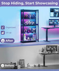 Four Tier Tempered Glass Display Cabinet With RGB Led Lighting And Music Sync For Flexing Sneakers Figurines And Dope Collectibles In Any Game Night Vibes Setup, showcasing organized collectibles.