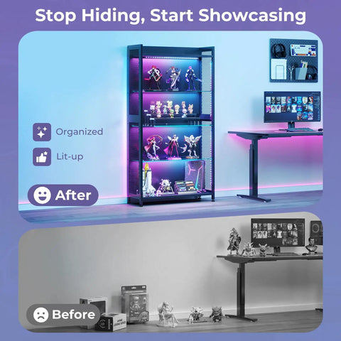 Four Tier Tempered Glass Display Cabinet With RGB Led Lighting And Music Sync For Flexing Sneakers Figurines And Dope Collectibles In Any Game Night Vibes Setup, showcasing organized collectibles.