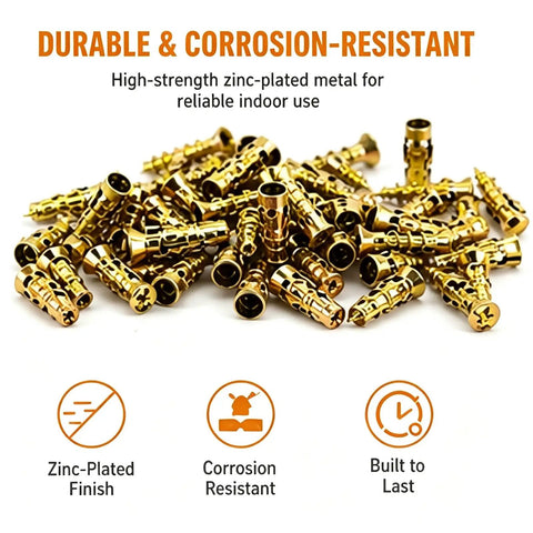 Six By Fourteen Millimeter Short Expansion Screw Set For Cabinet Hinge Repair And Fixing Loose Stripped Wood Holes With Tough Nylon Anchors To Knock Out Door Wobble Cold, zinc-plated anchors, durable and corrosion-resistant.