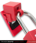 Close-up of red Clamp On Circuit Breaker Lockout Device Kit 10 Pack For 120/277 Volt Single Pole Toggles Up To 5/8 By 1/2 Inch OSHA Compliant.