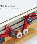 Built Tough Adjustable Table Saw Stock Guide With Slick Rolling Aluminum Bearing Wheels For Reliable Woodworking Feed Support detailed view with dual rollers.