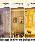 300 LED Curtain Fairy Lights With Remote 8 Modes USB Plug In Twinkle Silver Wire for bedroom window in sunny, cloudy, night settings