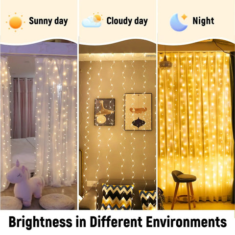 300 LED Curtain Fairy Lights With Remote 8 Modes USB Plug In Twinkle Silver Wire for bedroom window in sunny, cloudy, night settings