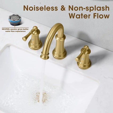 Brushed Gold 8 Inch Three Hole Bathroom Faucet With Pop Up Drain And Two Supply Hoses For Vanity Lavatory RV Farmhouse