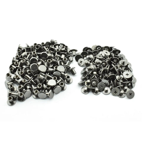 Straight Up 120 Piece Chicago Screw Set With Phillips Drive Binding Rivets And 5x6mm Heavy Duty Black Steel Bolts For DIY Leather Craft Gear With Rust Proof Plating That Is Zero Hassle Setup, showcasing black plated screws.