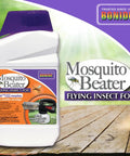 Mosquito Beater Flying Insect Fog Concentrate for Lawn and Garden 32 Oz label on product bottle with wood deck background