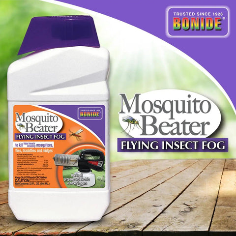 Mosquito Beater Flying Insect Fog Concentrate for Lawn and Garden 32 Oz label on product bottle with wood deck background