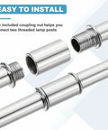 Close-up of 2 Piece Chrome Lamp Stem Rod Kit Featuring 120mm Straight Extensions with M10 threads and coupling for easy installation.