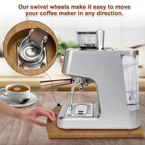 Solid Wood Sliding Tray For Coffee Makers And Heavy Kitchen Appliances, 360-Degree Rolling Wheels, Quiet Glide in use.