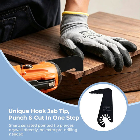 Worker using Jab Saw Blades for Drywall and Carton Universal Oscillating Multi Tool Blades For Drywall Plasterboard And Soft Materials DIY Friendly Pro Grade Performance Fits All Major Brands 5 Pack to cut wood