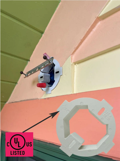 Ceiling Box Extender Kit 1 Pack Extends 3.5 Inch And 4 Inch Round Or Octagonal Electrical Boxes Up To 1.5 Inch UL Listed Plastic Ceiling Outlet Box Extension Ring installed in ceiling.