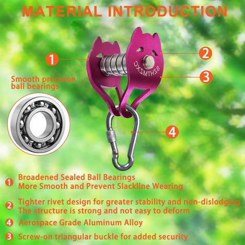 Close-up of a Zipline Pulley For Slackline Kit With Ninja Slider, featuring aerospace-grade aluminum and ball bearings for smooth glide.