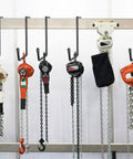 Vinyl Coated Heavy Duty Rafter Hooks For Hanging Tools Bikes Ladders Hoses Ropes Pool Gear Garage Organizer Storage Solution 4 Pack Rust Resistant Non Slip Steel Hanger Hooks For Home Workshop holding various chain hoists