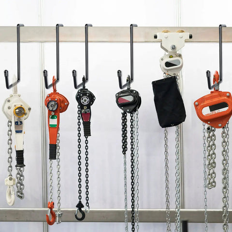Vinyl Coated Heavy Duty Rafter Hooks For Hanging Tools Bikes Ladders Hoses Ropes Pool Gear Garage Organizer Storage Solution 4 Pack Rust Resistant Non Slip Steel Hanger Hooks For Home Workshop holding various chain hoists